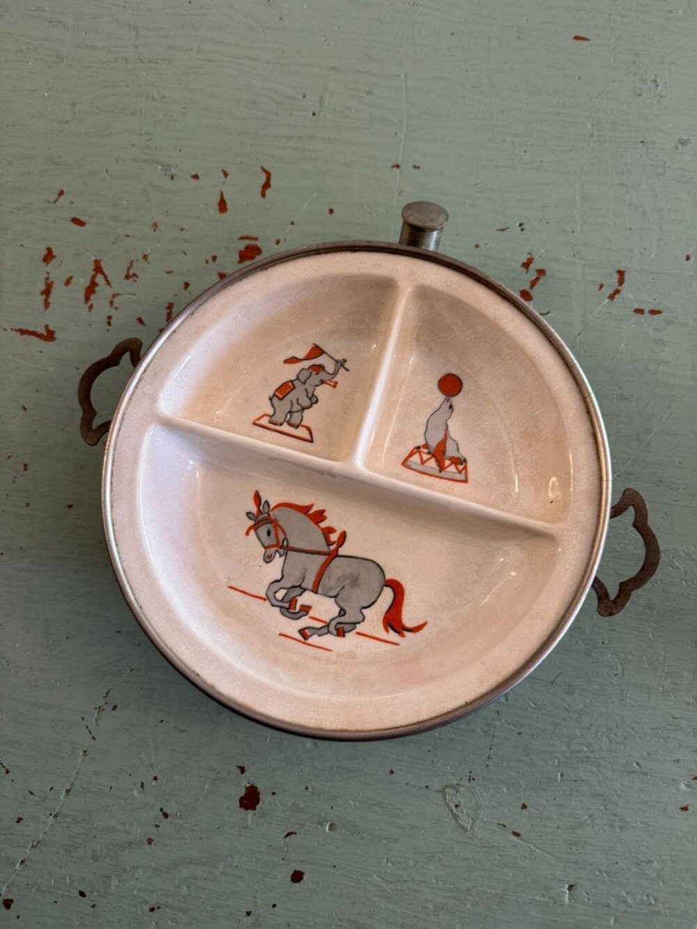GW Co Baby Food Warming Plate 1940s Circus Design Ceramic and Metal Vintage